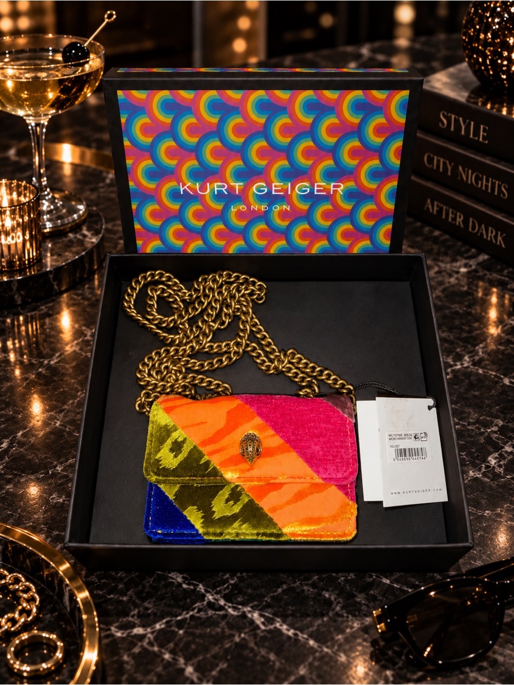 Kurt Geiger Micro Kensington Rainbow Velvet Chain Crossbody Bag NWT